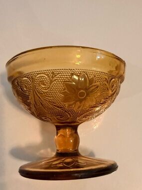 Indiana Glass Amber Pressed Glass Compote with Floral Pattern